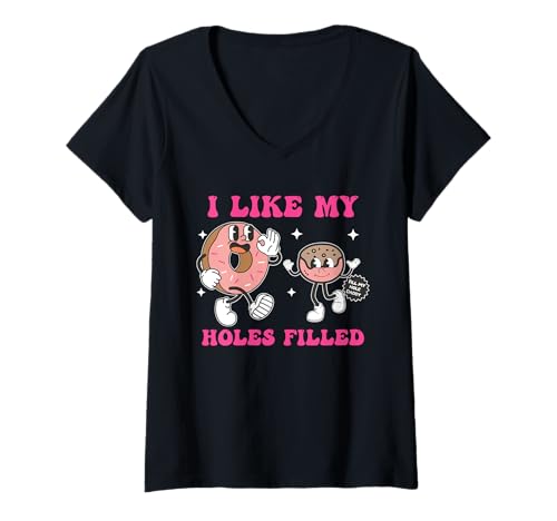 Damen Ich mag Meinen mit Löchern gefüllten lustigen Donut T-Shirt mit V-Ausschnitt Damen Ich mag Meinen mit Löchern gefüllten lustigen Donut T-Shirt mit V-Ausschnitt von I Like My Holes Filled Design