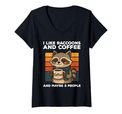 Damen I Like Raccoons And Coffee And Maybe 3 People Funny Vintage T-Shirt mit V-Ausschnitt von I Like Raccoons And Coffee Funny Apparel