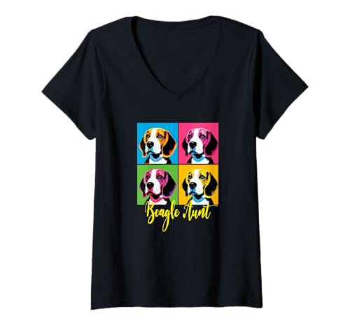 Damen Beagle-Tante im Pop-Art-Stil T-Shirt mit V-Ausschnitt Damen Beagle-Tante im Pop-Art-Stil T-Shirt mit V-Ausschnitt von I Love Beagles Merch