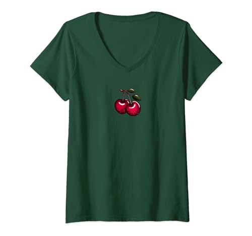 Damen Minimalistische Kirsche, köstliche Sommerfrüchte, Strauß Kirschen T-Shirt mit V-Ausschnitt Damen Minimalistische Kirsche, köstliche Sommerfrüchte, Strauß Kirschen T-Shirt mit V-Ausschnitt von I Love Cherries