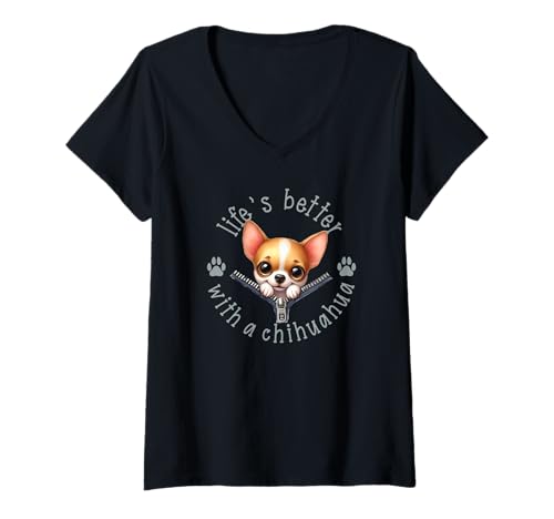 Damen Das Leben ist besser mit einem Chihuahua für Chihuahua-Besitzer T-Shirt mit V-Ausschnitt von I Love Chihuahuas Merch