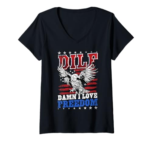 Damen DILF Damn I Love Freedom Lustige Patriotische USA-Flagge T-Shirt mit V-Ausschnitt Damen DILF Damn I Love Freedom Lustige Patriotische USA-Flagge T-Shirt mit V-Ausschnitt von I Love Dilfs Shirt