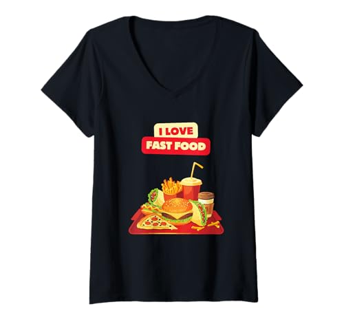 Damen I Love Fast Food Burger Pommes Pizza Sandwich Cheeseburger T-Shirt mit V-Ausschnitt Damen I Love Fast Food Burger Pommes Pizza Sandwich Cheeseburger T-Shirt mit V-Ausschnitt von I Love Fast Food Burger Pommes Pizza Sandwich