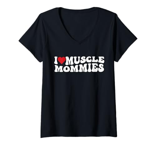 Damen I Love Muscle Mommies Retro Groovy I Heart Muscle Mommies T-Shirt mit V-Ausschnitt Damen I Love Muscle Mommies Retro Groovy I Heart Muscle Mommies T-Shirt mit V-Ausschnitt von I Love Muscle Mommies Store