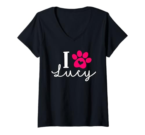 Damen Hundepfote mit Aufschrift I Love Lucy A Love Forever, Herz T-Shirt mit V-Ausschnitt Damen Hundepfote mit Aufschrift I Love Lucy A Love Forever, Herz T-Shirt mit V-Ausschnitt von I Love My Dog Lucy & Dog Name Graphic Gifts