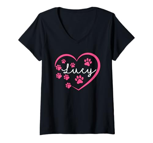 Damen Hundepfote mit Aufschrift I Love Lucy A Love Forever, Herz T-Shirt mit V-Ausschnitt Damen Hundepfote mit Aufschrift I Love Lucy A Love Forever, Herz T-Shirt mit V-Ausschnitt von I Love My Dog Lucy & Dog Name Graphic Gifts