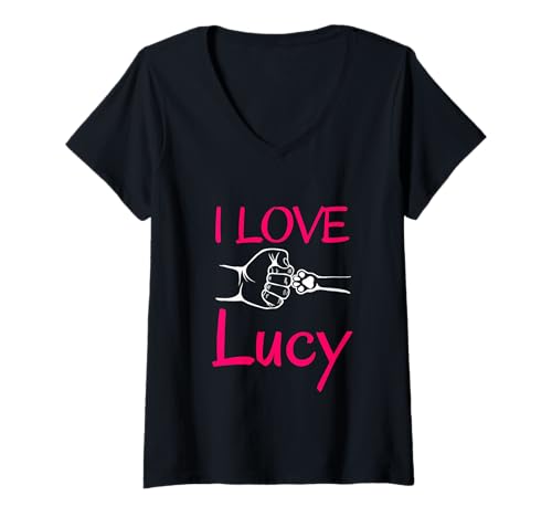 Damen Hundepfote mit Aufschrift I Love Lucy A Love Forever, Herz T-Shirt mit V-Ausschnitt Damen Hundepfote mit Aufschrift I Love Lucy A Love Forever, Herz T-Shirt mit V-Ausschnitt von I Love My Dog Lucy & Graphic Dog Name Gifts
