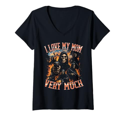 Damen I Love My Mom Very Much Funny Bootleg Skelett T-Shirt mit V-Ausschnitt Damen I Love My Mom Very Much Funny Bootleg Skelett T-Shirt mit V-Ausschnitt von I Love My Mom Very Much Funny Bootleg Skeleton