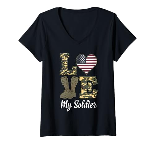 Damen I Love My Soldier Herz USA Flagge T-Shirt mit V-Ausschnitt Damen I Love My Soldier Herz USA Flagge T-Shirt mit V-Ausschnitt von I Love My Soldier Heart USA Flag