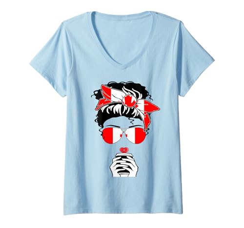 Damen Coole kanadische Kaffeetasse Mama Mama Mädchen Tante Kanada Flagge Grafik T-Shirt mit V-Ausschnitt von I Love Ottawa Happy Canada Day Canada Thanksgiving