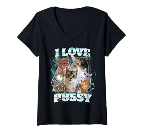 Damen I Love Pussy Cat T-Shirt mit V-Ausschnitt von I Love Pussy Cat Meme