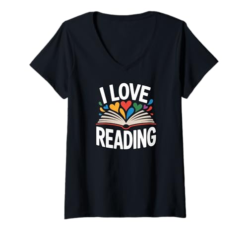 Damen Ich Liebe es, Colourful Book Lover Library Hearts zu lesen T-Shirt mit V-Ausschnitt Damen Ich Liebe es, Colourful Book Lover Library Hearts zu lesen T-Shirt mit V-Ausschnitt von I Love Reading Book Lover Library Reader