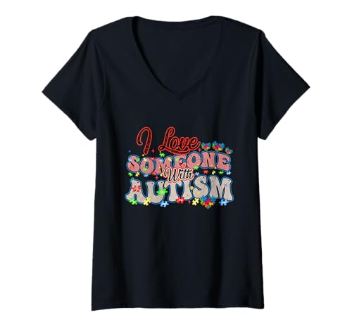 Damen Ich liebe jemanden mit Autismusbewusstsein Groovy Autismusbewusstsein T-Shirt mit V-Ausschnitt von I Love Someone with Autism Awareness