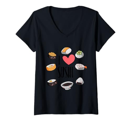 Damen Ich liebe Sushi, süße Maki und Nigiri Happy Japanese Food Lover T-Shirt mit V-Ausschnitt Damen Ich liebe Sushi, süße Maki und Nigiri Happy Japanese Food Lover T-Shirt mit V-Ausschnitt von I Love Sushi Designs