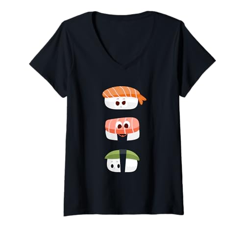Damen Süßes Maki und Nigiri Sushi Trio – Happy Japanese Food Lover T-Shirt mit V-Ausschnitt von I Love Sushi Designs