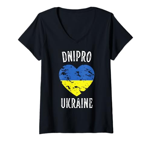 Damen Ukraine Flag Heart Dnipro City T-Shirt mit V-Ausschnitt Damen Ukraine Flag Heart Dnipro City T-Shirt mit V-Ausschnitt von I Love Ukraine Dnipro Designs