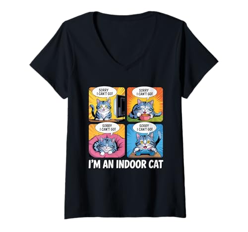 Damen Sorry I Can't Go I'm An Indoor-Katze, lustiges Kätzchen, Tierliebhaber T-Shirt mit V-Ausschnitt Damen Sorry I Can't Go I'm An Indoor-Katze, lustiges Kätzchen, Tierliebhaber T-Shirt mit V-Ausschnitt von I'M An Indoor Cat Lifestyle Not Going Out Apparel