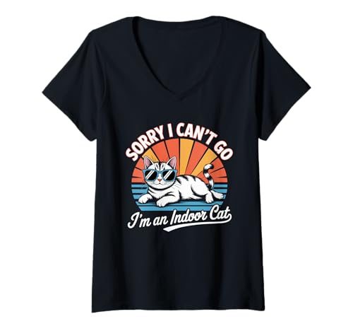 Damen Sorry I Can't Go I'm An Indoor-Katze, lustiges Kätzchen, Tierliebhaber T-Shirt mit V-Ausschnitt Damen Sorry I Can't Go I'm An Indoor-Katze, lustiges Kätzchen, Tierliebhaber T-Shirt mit V-Ausschnitt von I'M An Indoor Cat Lifestyle Not Going Out Apparel