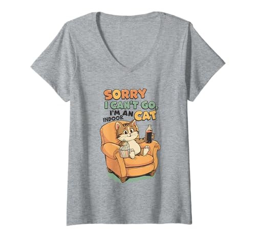 Damen Sorry I Can't Go I'm An Indoor-Katze, lustiges Kätzchen, Tierliebhaber T-Shirt mit V-Ausschnitt Damen Sorry I Can't Go I'm An Indoor-Katze, lustiges Kätzchen, Tierliebhaber T-Shirt mit V-Ausschnitt von I'M An Indoor Cat Lifestyle Not Going Out Apparel