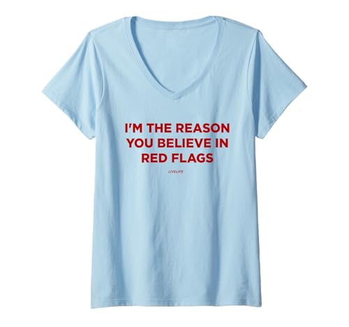 Damen I’M The Reason You Believe IN RED Flags X LIVELIFE - Front T-Shirt mit V-Ausschnitt Damen I’M The Reason You Believe IN RED Flags X LIVELIFE - Front T-Shirt mit V-Ausschnitt von I’M THE REASON YOU BELIEVE IN RED FLAGS - LIVELIFE