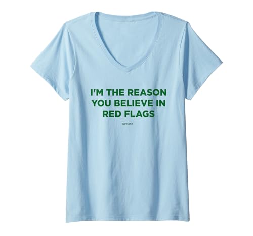 Damen I’M The Reason You Believe IN RED Flags X LIVELIFE - Front T-Shirt mit V-Ausschnitt Damen I’M The Reason You Believe IN RED Flags X LIVELIFE - Front T-Shirt mit V-Ausschnitt von I’M THE REASON YOU BELIEVE IN RED FLAGS - LIVELIFE