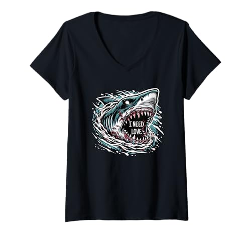 Damen Ich Brauche Love Shark T-Shirt mit V-Ausschnitt Damen Ich Brauche Love Shark T-Shirt mit V-Ausschnitt von I Need Love Fun Shark Designs