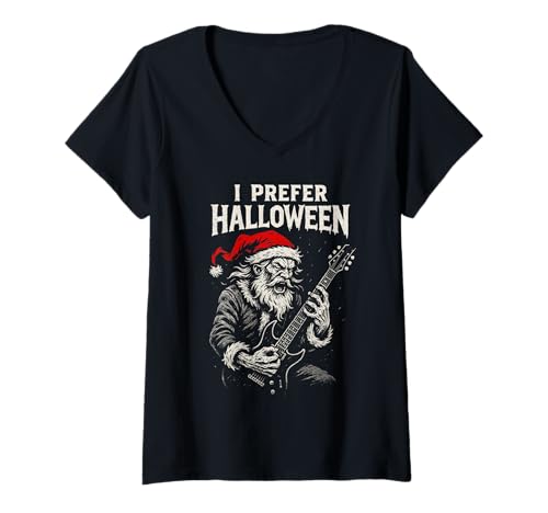 Damen Rockgitarre Santa Claus I Prefer Halloween Funny Christmas T-Shirt mit V-Ausschnitt Damen Rockgitarre Santa Claus I Prefer Halloween Funny Christmas T-Shirt mit V-Ausschnitt von I Prefer Halloween By CMA POD