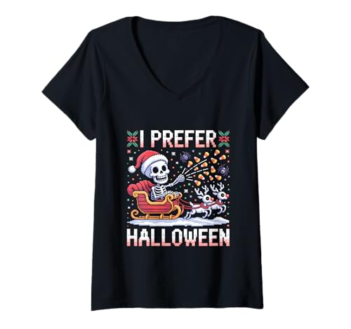 Damen I Prefer Halloween Weihnachten Skelett Weihnachtsmann Schlitten Männer Frauen T-Shirt mit V-Ausschnitt von I Prefer Halloween Santa Hat Skeleton Reindeer