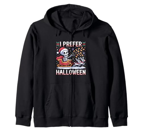 I Prefer Halloween Weihnachten Skelett Weihnachtsmann Schlitten Männer Frauen Kapuzenjacke von I Prefer Halloween Santa Hat Skeleton Reindeer