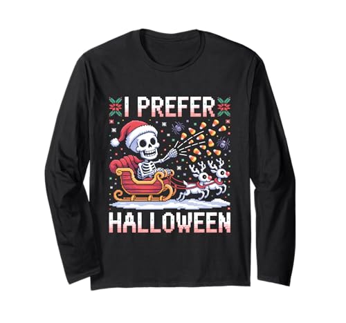 I Prefer Halloween Weihnachten Skelett Weihnachtsmann Schlitten Männer Frauen Langarmshirt von I Prefer Halloween Santa Hat Skeleton Reindeer