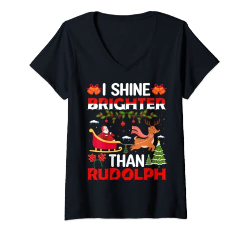 Damen Ich strahle heller als Rudolph T-Shirt mit V-Ausschnitt von I Shine Brighter Than Rudolph Christmas Gift Xmas
