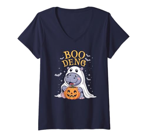 Damen Kawaii Boo DENG Baby Pygmy Hippo Horrorfilm Hexengeist T-Shirt mit V-Ausschnitt von I Speak Fluent Hippopotamus Ghoul Animal Trick or