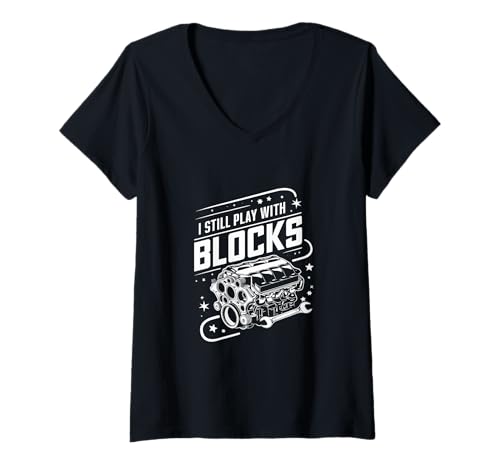 Damen I Still Play with Blocks Auto Motorblock Mechaniker T-Shirt mit V-Ausschnitt von I Still Play With Blocks Motorblock Mechaniker