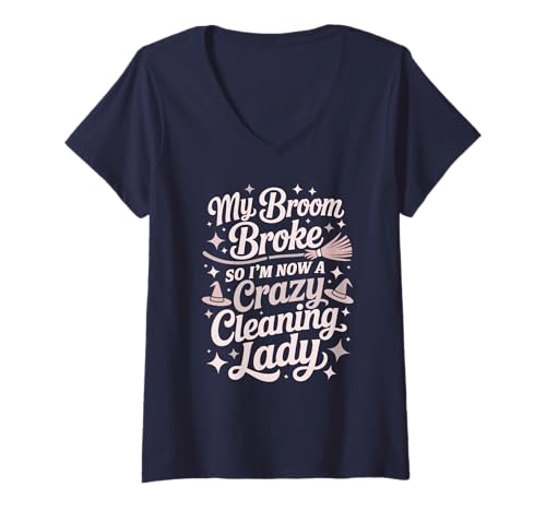 Damen Halloween-Putzfrau Broom Broke Witch Dusting Damen T-Shirt mit V-Ausschnitt Damen Halloween-Putzfrau Broom Broke Witch Dusting Damen T-Shirt mit V-Ausschnitt von I Survived Sweep Housekeeper Mop Gag