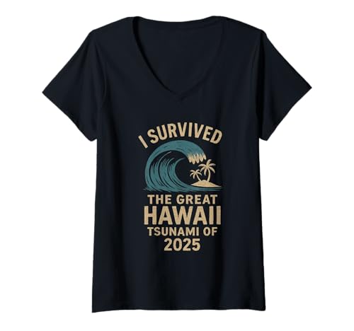 Damen I Survived The Great Hawaii Tsunami of 2025 Lustiger Spruch T-Shirt mit V-Ausschnitt von I Survived The Great Hawaii Tsunami Tee