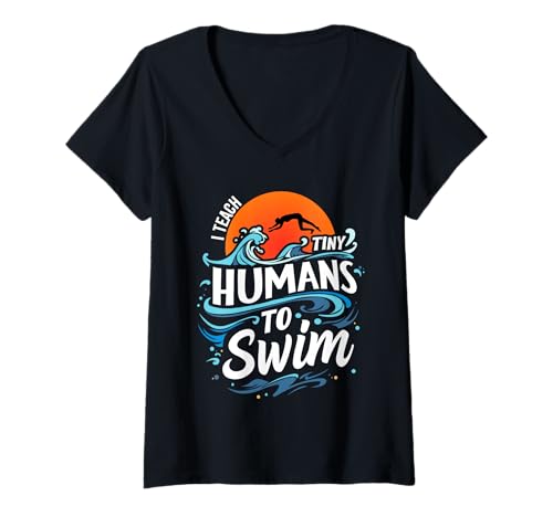 Damen I Teach Tiny Humans To Swim Instructor Retro Welliges Schwimmen T-Shirt mit V-Ausschnitt Damen I Teach Tiny Humans To Swim Instructor Retro Welliges Schwimmen T-Shirt mit V-Ausschnitt von I Teach Tiny Humans To Swim Apparels