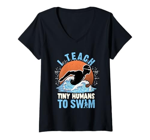 Damen I Teach Tiny Humans To Swim Retro Wellig Schwimmtrainer T-Shirt mit V-Ausschnitt Damen I Teach Tiny Humans To Swim Retro Wellig Schwimmtrainer T-Shirt mit V-Ausschnitt von I Teach Tiny Humans To Swim Apparels