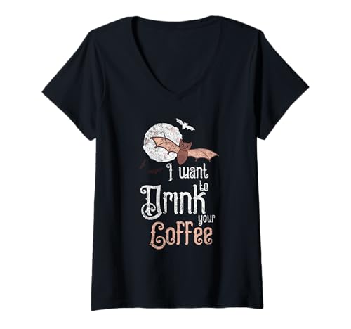 Damen Ich möchte deinen Kaffee trinken Bat Vampir Lustiger Kaffeeliebhaber T-Shirt mit V-Ausschnitt von I Want To Drink Your Coffee Bat Coffee Lover Gifts