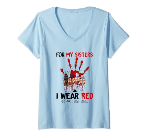 Damen I Wear Red For My Sister Indianer Stop MMIW Red Hand T-Shirt mit V-Ausschnitt Damen I Wear Red For My Sister Indianer Stop MMIW Red Hand T-Shirt mit V-Ausschnitt von I Wear Red For My Sister Native GIfts