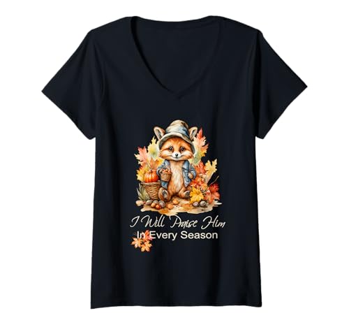 Damen Ich werde ihn zu jeder Jahreszeit loben, Herbst, Fuchs, Christlicher Gottesdienst T-Shirt mit V-Ausschnitt von I Will Praise Him Christian Fox Sapphire Star