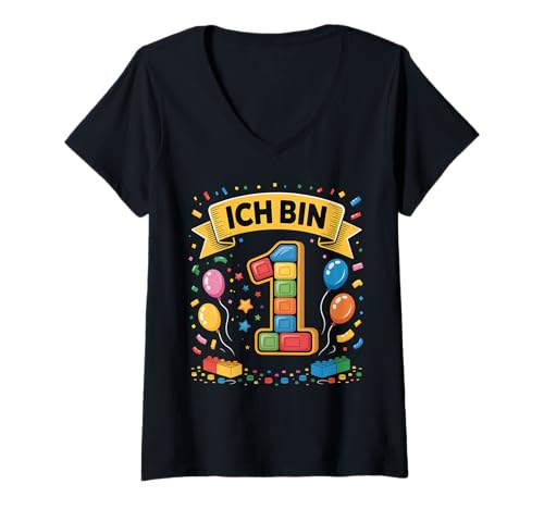 Damen Kinder Bausteine Geburtstag Junge Mädchen 1 Jahre alt T-Shirt mit V-Ausschnitt von I am 1 Building Blocks