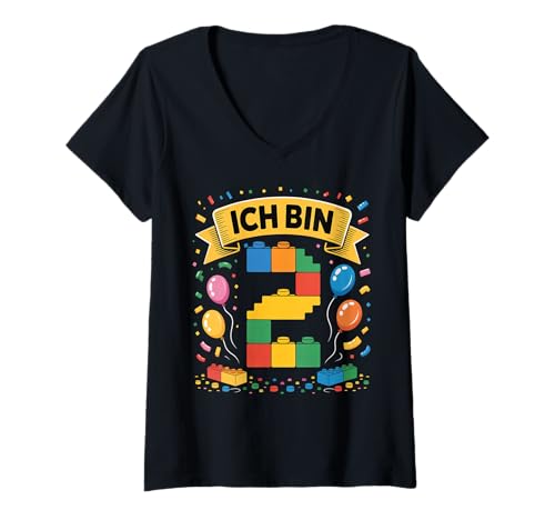 Damen Kinder Bausteine Geburtstag Junge Mädchen 2 Jahre alt T-Shirt mit V-Ausschnitt von I am 2 Building Blocks