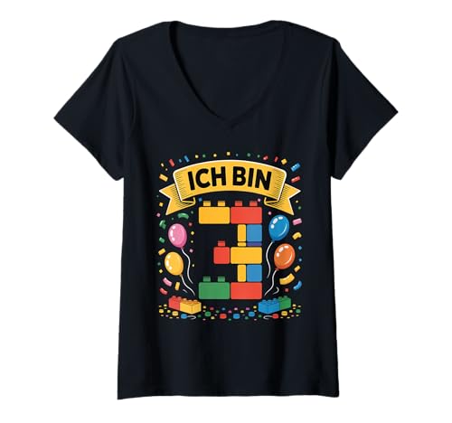 Damen Kinder Bausteine Geburtstag Junge Mädchen 3 Jahre alt T-Shirt mit V-Ausschnitt von I am 3 Building Blocks