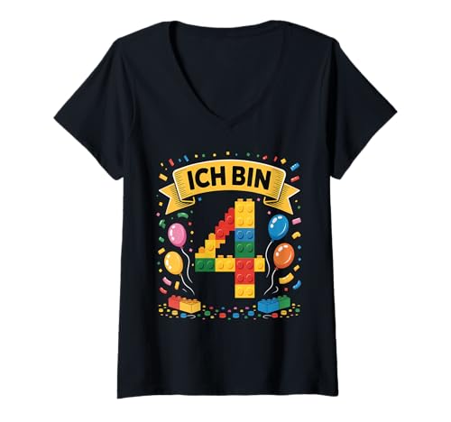 Damen Kinder Bausteine Geburtstag Junge Mädchen 4 Jahre alt T-Shirt mit V-Ausschnitt von I am 4 Building Blocks