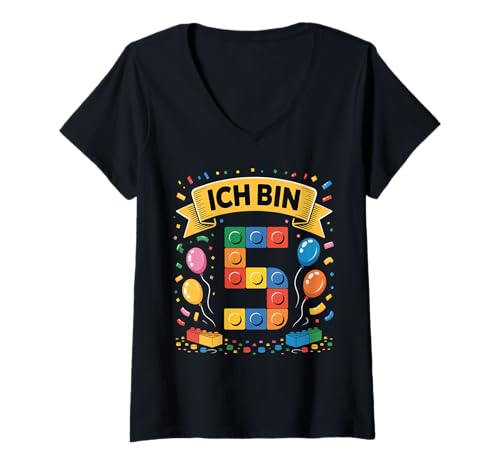 Damen Kinder Bausteine Geburtstag Junge Mädchen 5 Jahre alt T-Shirt mit V-Ausschnitt von I am 5 Building Blocks