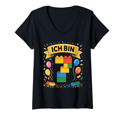 Damen Kinder Bausteine Geburtstag Junge Mädchen 7 Jahre alt T-Shirt mit V-Ausschnitt von I am 7 Building Blocks