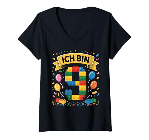 Damen Kinder Bausteine Geburtstag Junge Mädchen 9 Jahre alt T-Shirt mit V-Ausschnitt von I am 9 Building Blocks