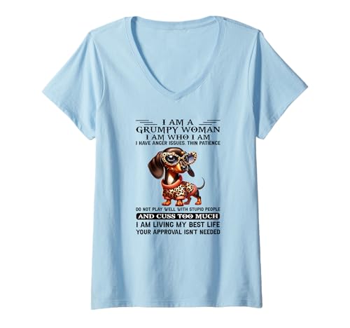Damen Ich Bin eine mürrische Frau Ich Bin wer ich Bin Ich Habe Wutprobleme T-Shirt mit V-Ausschnitt Damen Ich Bin eine mürrische Frau Ich Bin wer ich Bin Ich Habe Wutprobleme T-Shirt mit V-Ausschnitt von I am a grumpy woman I am who I am dachshund Tee