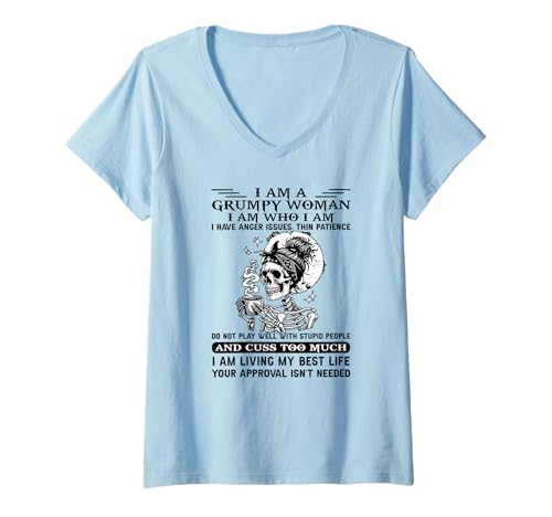 Damen Ich bin eine mürrische Frau Ich bin wer ich bin Ich habe Wutprobleme T-Shirt mit V-Ausschnitt Damen Ich bin eine mürrische Frau Ich bin wer ich bin Ich habe Wutprobleme T-Shirt mit V-Ausschnitt von I am a grumpy woman I am who I am skeleton Tee