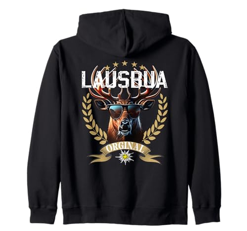 Lausbua Hirsch Lederhose Kinder Trachten Herren Lausbua Kapuzenjacke von I bin a bayrischer Lausbua Tracht Jungen